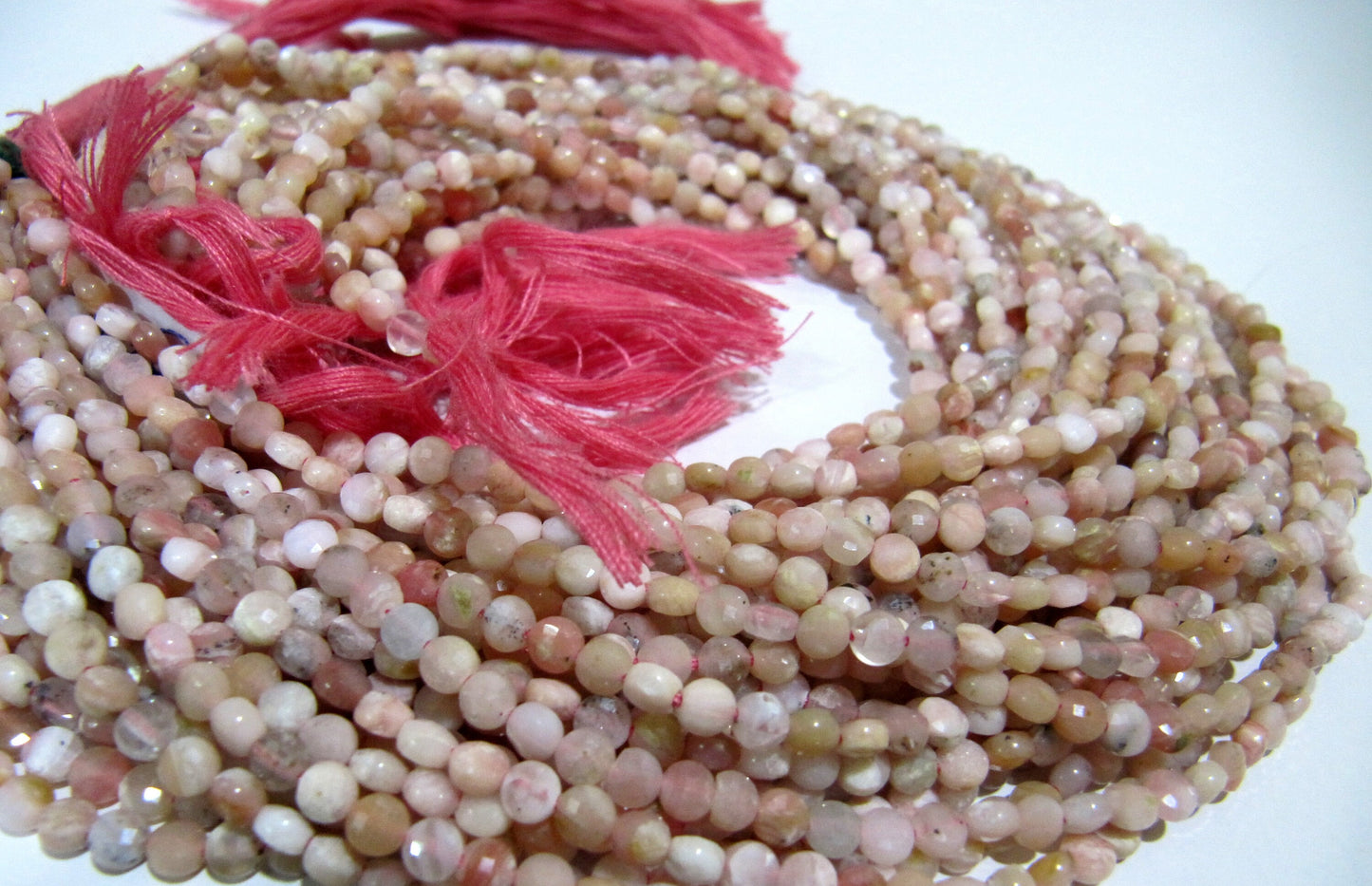 Natural Pink Opal Faceted Coin Shape Briolette Beads Size Exact 4mm Micro Size Strand 13 Inches Long Jewelry Making Wholesale Rate Gemstones