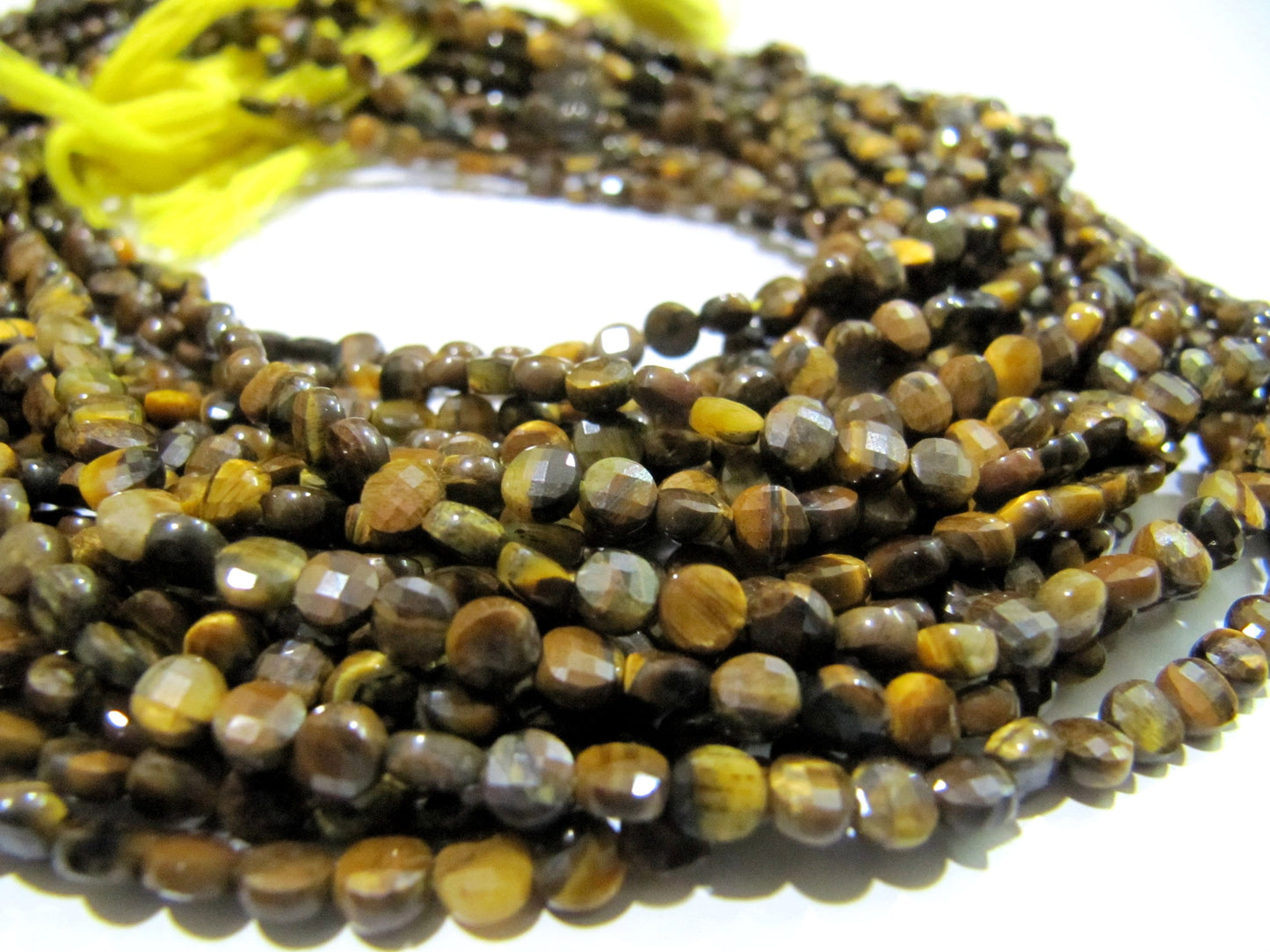 Natural Tiger Eye Faceted Coin Beads Size Exact 4mm, Micro Size Strand 13 Inches Long, Jewelry Making Wholesale Rate Gemstones