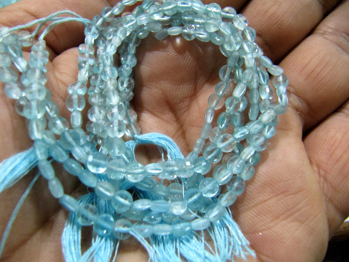 Natural Apatite Faceted Coin Briolette Beads Size Exact 4mm, Micro Size Strand 13 Inches Long, Jewelry Making Wholesale Rate Gemstones