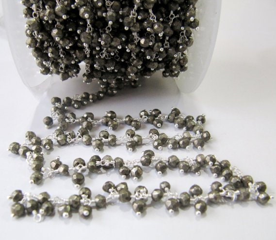 Natural Pyrite Dangling Chain/ Cluster chain,Rondelle Faceted beaded chain 3 to 4mm beads, Rosary Thick Design Wholesale Price sold per foot