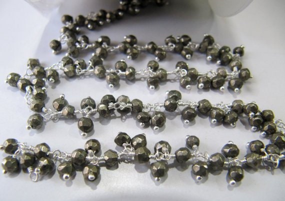 Natural Pyrite Dangling Chain/ Cluster chain,Rondelle Faceted beaded chain 3 to 4mm beads, Rosary Thick Design Wholesale Price sold per foot