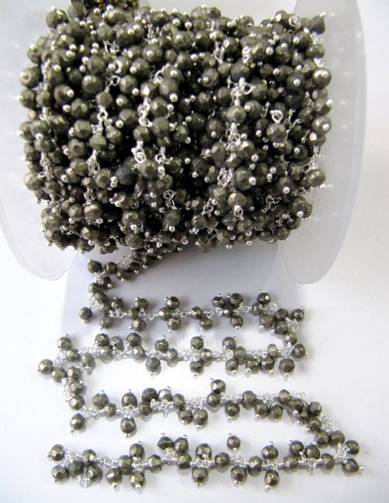Natural Pyrite Dangling Chain/ Cluster chain,Rondelle Faceted beaded chain 3 to 4mm beads, Rosary Thick Design Wholesale Price sold per foot