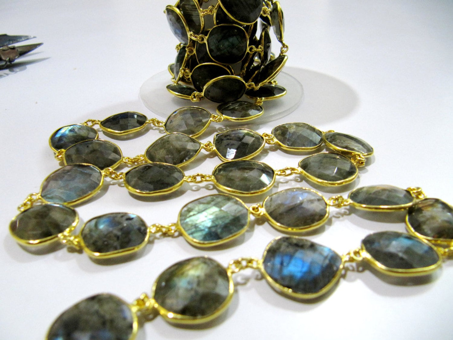 Natural Labradorite Free Shape Briolette faceted Uneven Bezel Connector Chain 12 to 15mm Sold Per Foot Wholesale price Blue Flashy Stones