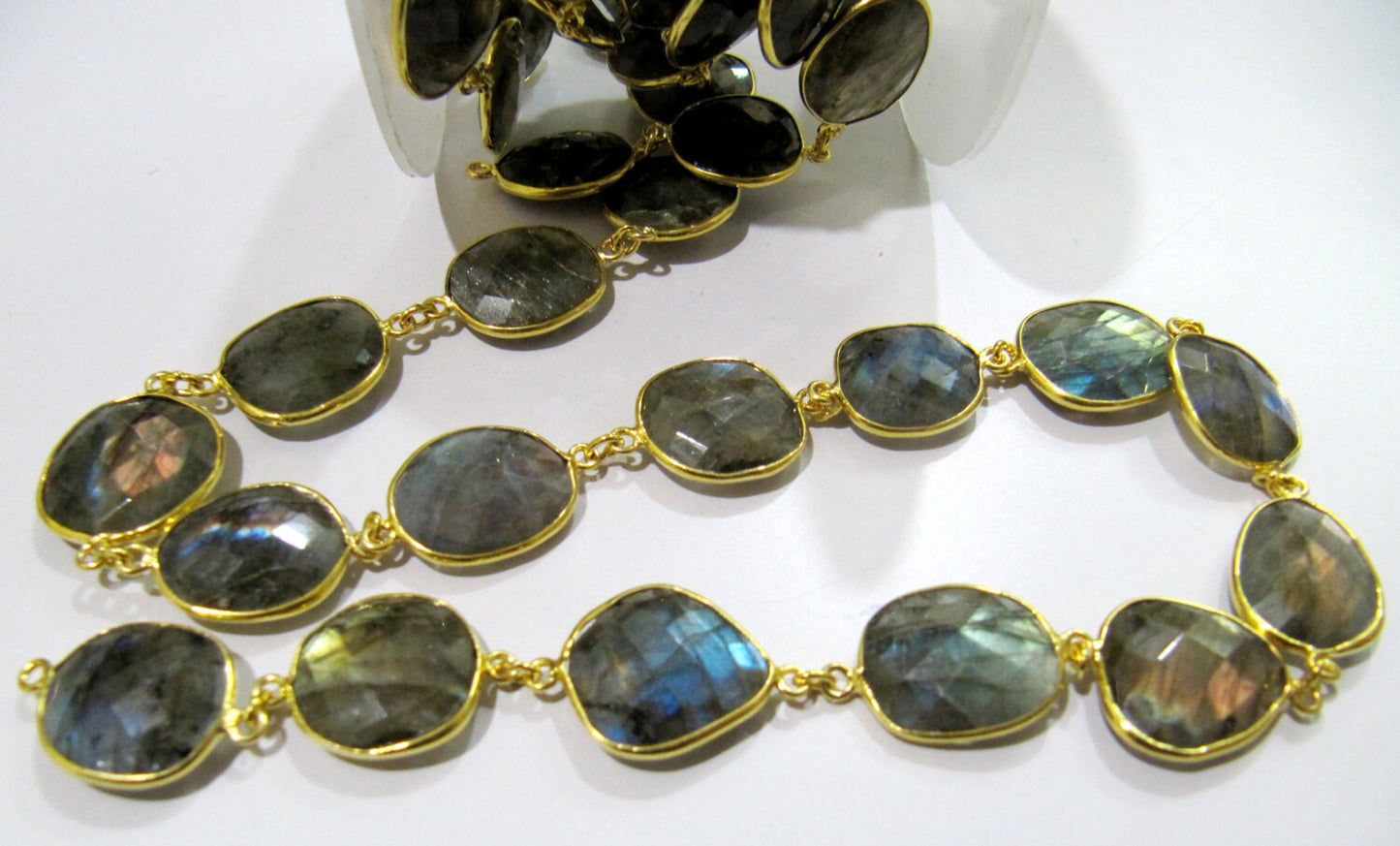 Natural Labradorite Free Shape Briolette faceted Uneven Bezel Connector Chain 12 to 15mm Sold Per Foot Wholesale price Blue Flashy Stones