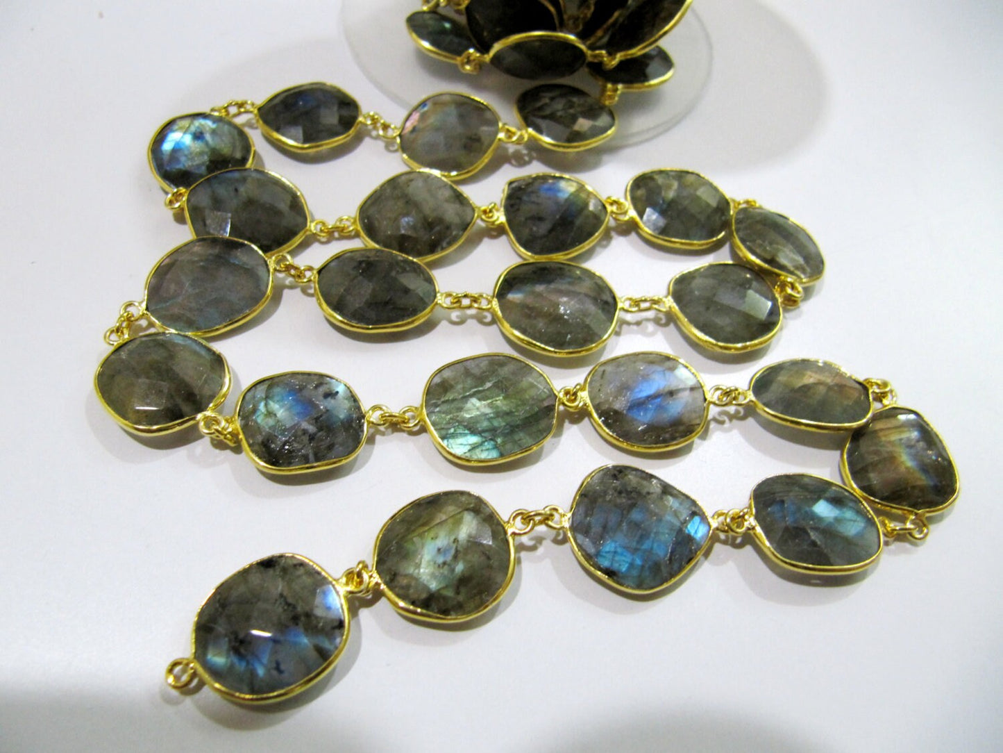 Natural Labradorite Free Shape Briolette faceted Uneven Bezel Connector Chain 12 to 15mm Sold Per Foot Wholesale price Blue Flashy Stones