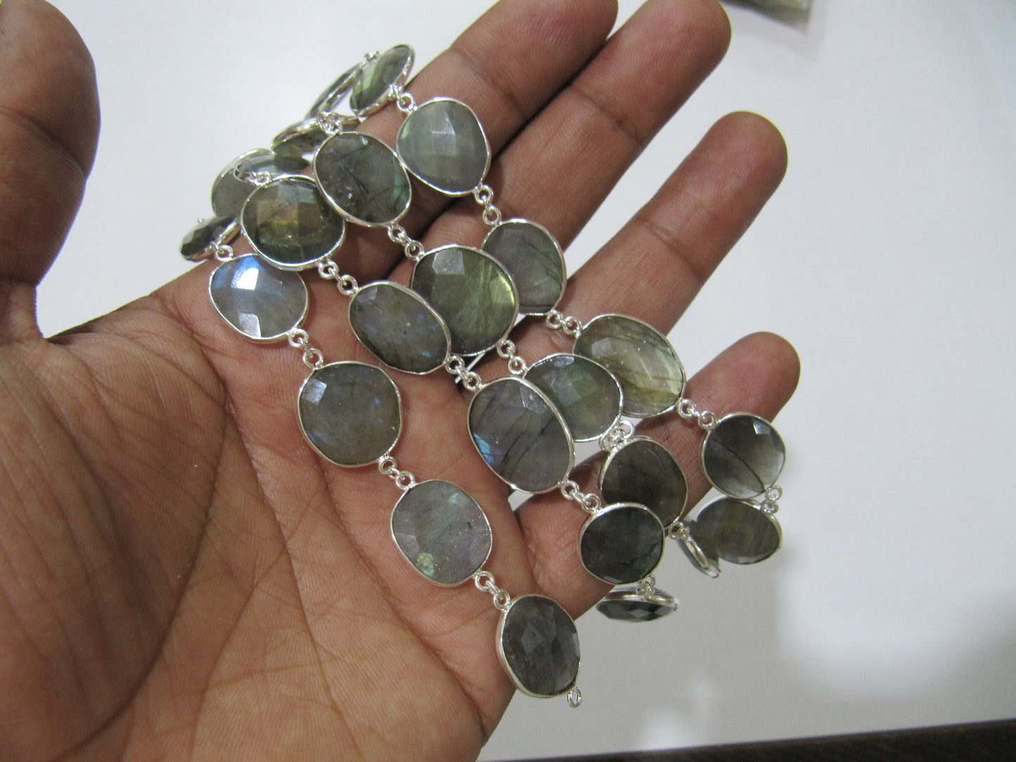 Natural Labradorite Free Shape Briolette faceted Uneven Bezel Connector Chain 12 to 15mm Sold Per Foot Wholesale price Blue Flashy Stones