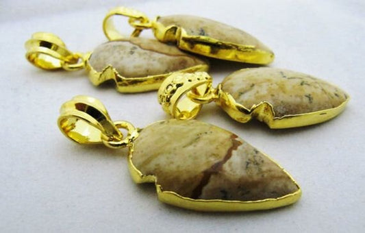 Beautiful Picture Jasper Charm arrow head- 24 Kt Gold Electroplated Edge Arrowhead Pendant-Gemstone Connectors 30 to 40mm per piece