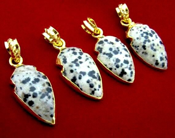 Natural Dalmatian Gemstone Charm arrow head- 24 Kt Gold Electroplated Edge Arrowhead Pendant-Gemstone Connectors 30 to 40mm sold per piece