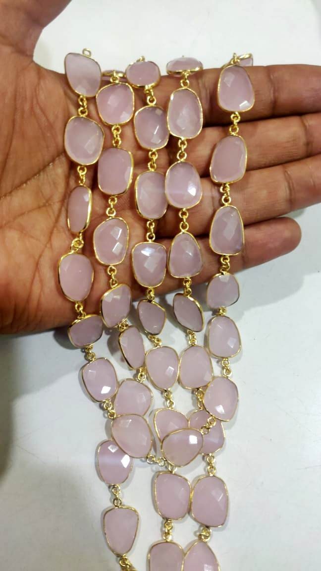 Rose Quartz Free Shape Briolette Bezel Connector Chain 12 to 15mm  Sold Per Foot Hydro Quartz  High Quality Wholesale Prices