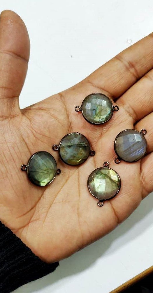 2 Pcs Set Natural Labradorite Round Coin Shape 15mm Briolette Connectors Gray Stone Double Loop Bezel Jewelry Making Bezel Connectors