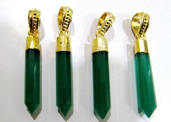 Natural Green Onyx  Gemstones Pointed Pencils with 24 Kt Gold Electroplated Cap and designer Gold Plated Bail Pencil Shape Charms per piece