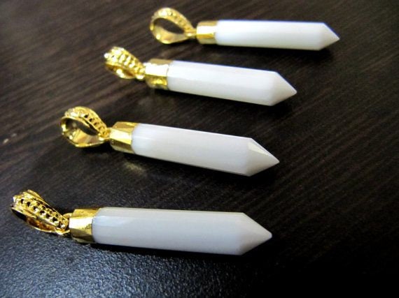 White Chalcedony Pencil Shape Pointed Charms, 30 to40mm Gold Electroplated Pendant, Faceted Fancy shape charm with Designer Loop per piece