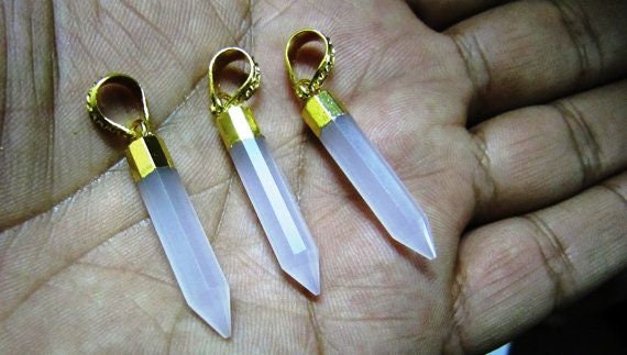 Natural Rose Quartz Pencil Shape Pointed Charms, 30To40mm Gold Electroplated Pendant, Faceted Fancy shape charm with Designer Loop per piece