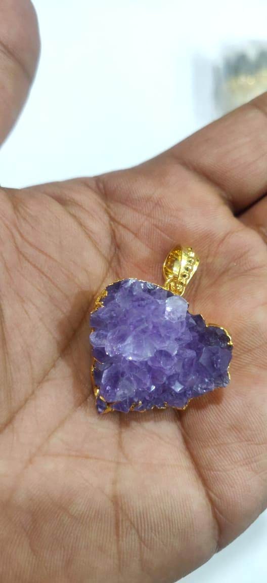 Natural Amethyst Raw Druzy Pendants 30 to 40mm , 24 Kt Gold Electroplated Heart Shape Druzy  Pendant , Unique And Rare Gemstone Jewelry