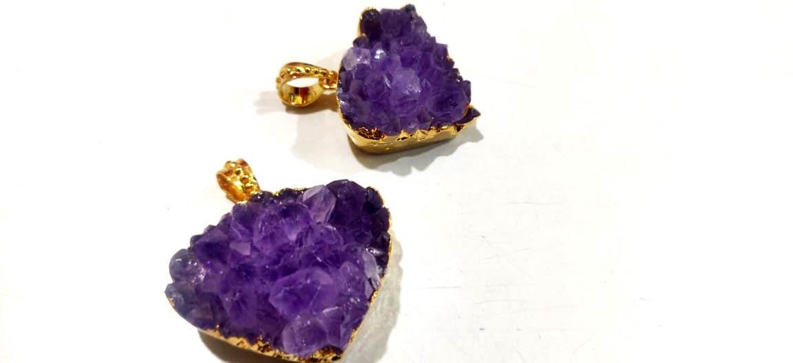 Natural Amethyst Raw Druzy Pendants 30 to 40mm , 24 Kt Gold Electroplated Heart Shape Druzy  Pendant , Unique And Rare Gemstone Jewelry