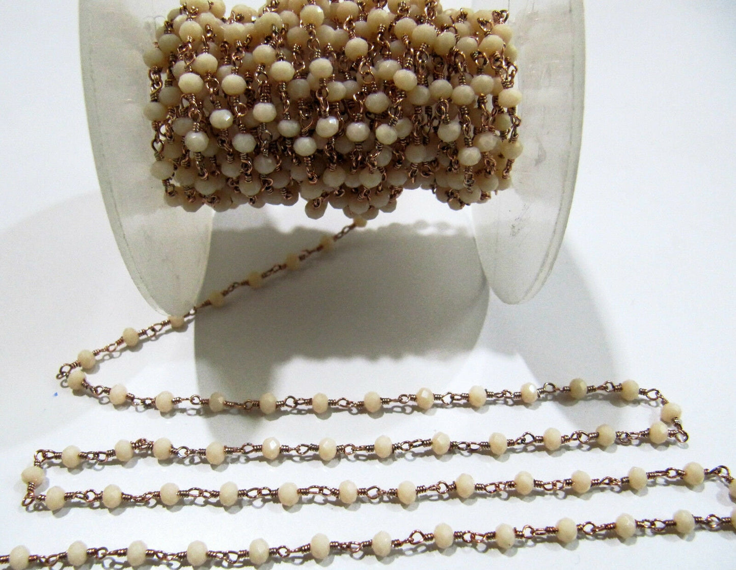 3 Feet- Pink Chalcedony Hydro Quartz Rosary Chain Rondelle Faceted 3-4mm Crystal beaded Wire Wrapped chain sold in Wholesale prices
