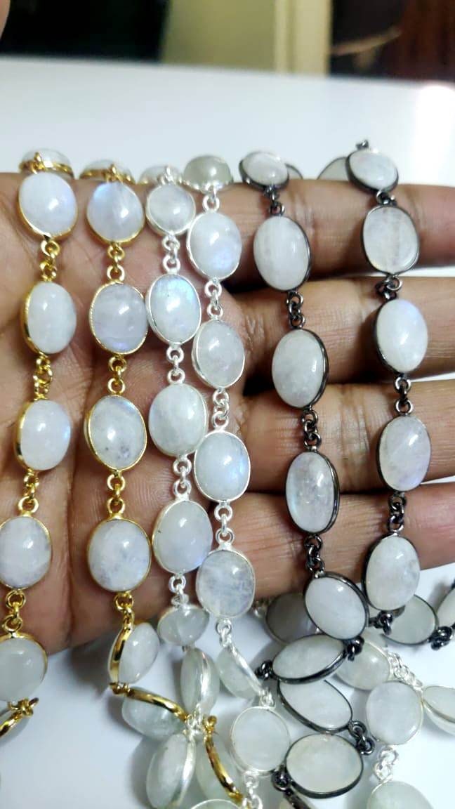 Natural White Rainbow Moonstone Oval Cabochan Shape Plain smooth Bezel Connector Chain 11x13mm  Gold/Black/Silver/Rose Plated Sold Per Foot