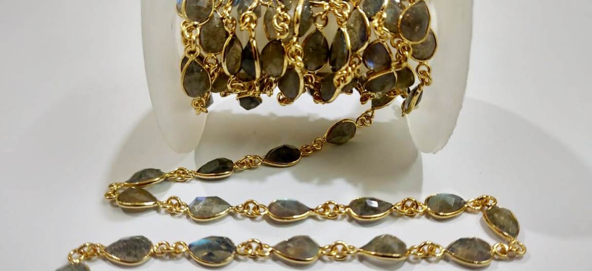Natural Labradorite Pear Heart Shape Briolette faceted Bezel Connector Chain 6x9mm Gold/Silver/Black/Rose Plated Sold Per Foot High Quality