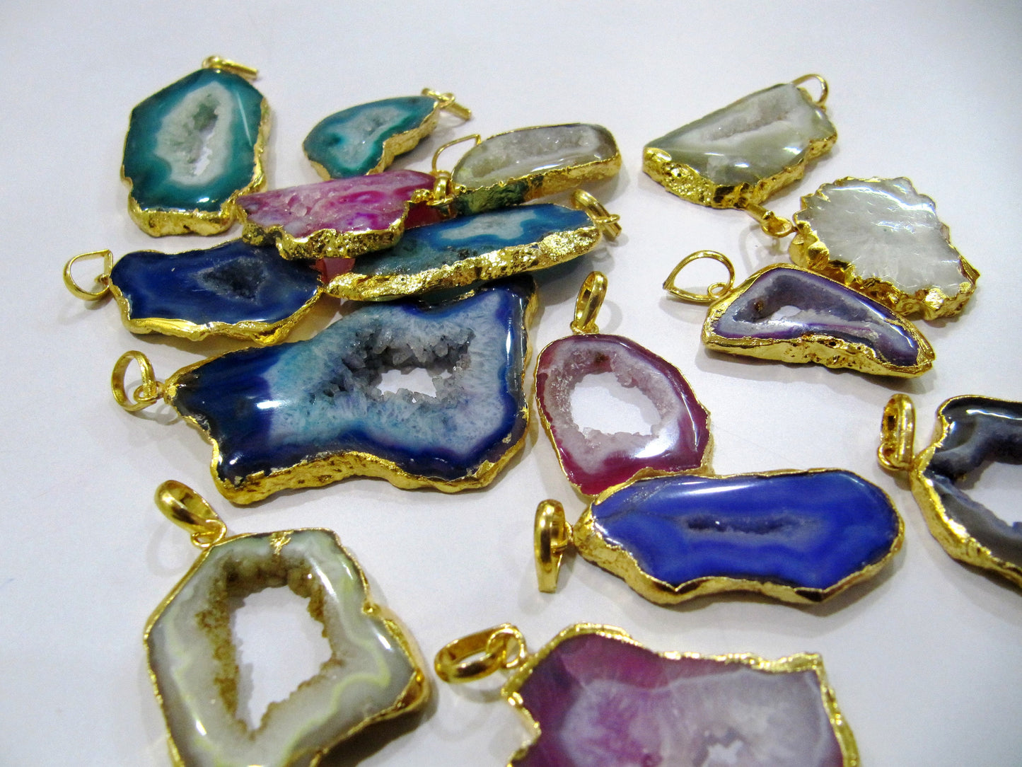 2 Pcs Set-AAA Quality Mix Color Geode Agate Slice Pendant Free Form Druzy 24K Gold Plated Electroplated edges / Agate Druzy Connectors