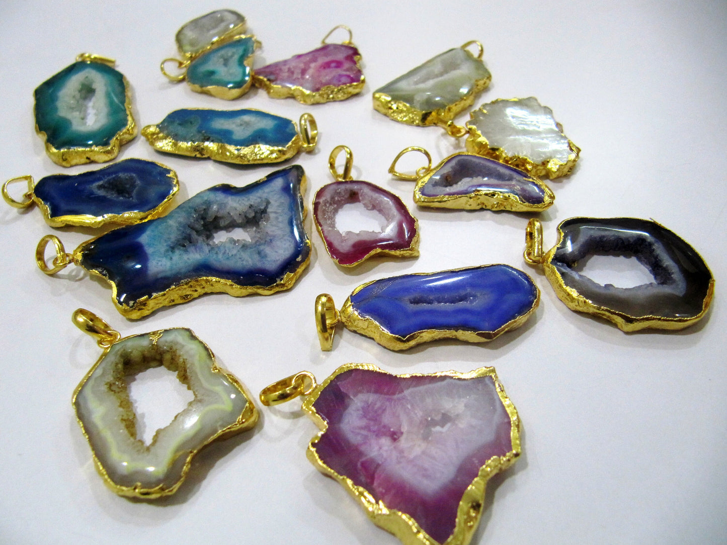 2 Pcs Set-AAA Quality Mix Color Geode Agate Slice Pendant Free Form Druzy 24K Gold Plated Electroplated edges / Agate Druzy Connectors