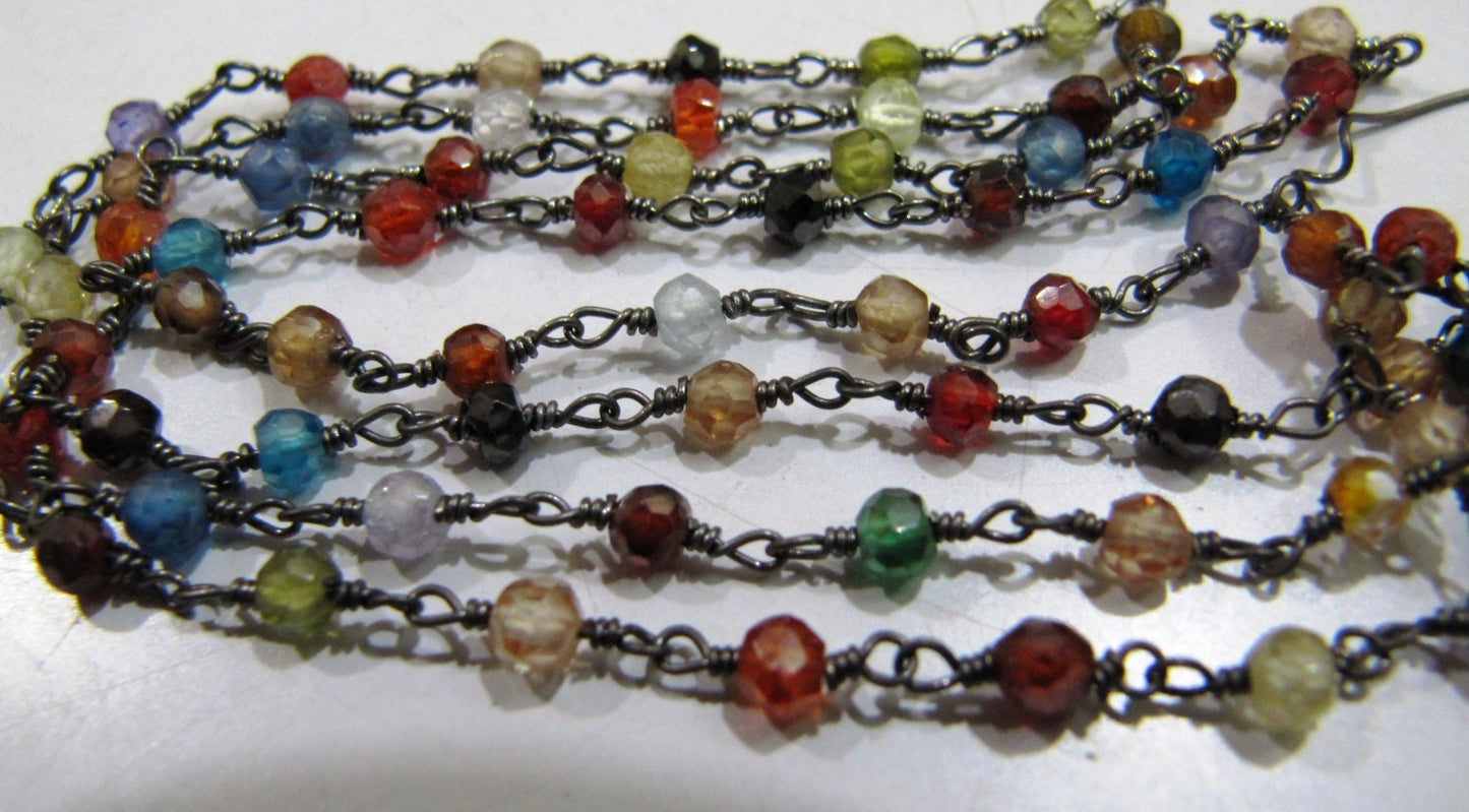 Multi color Zircon Rondelle Faceted 3-4mm Beaded Rosary Chain Handmade CZ Beads chain sold per foot