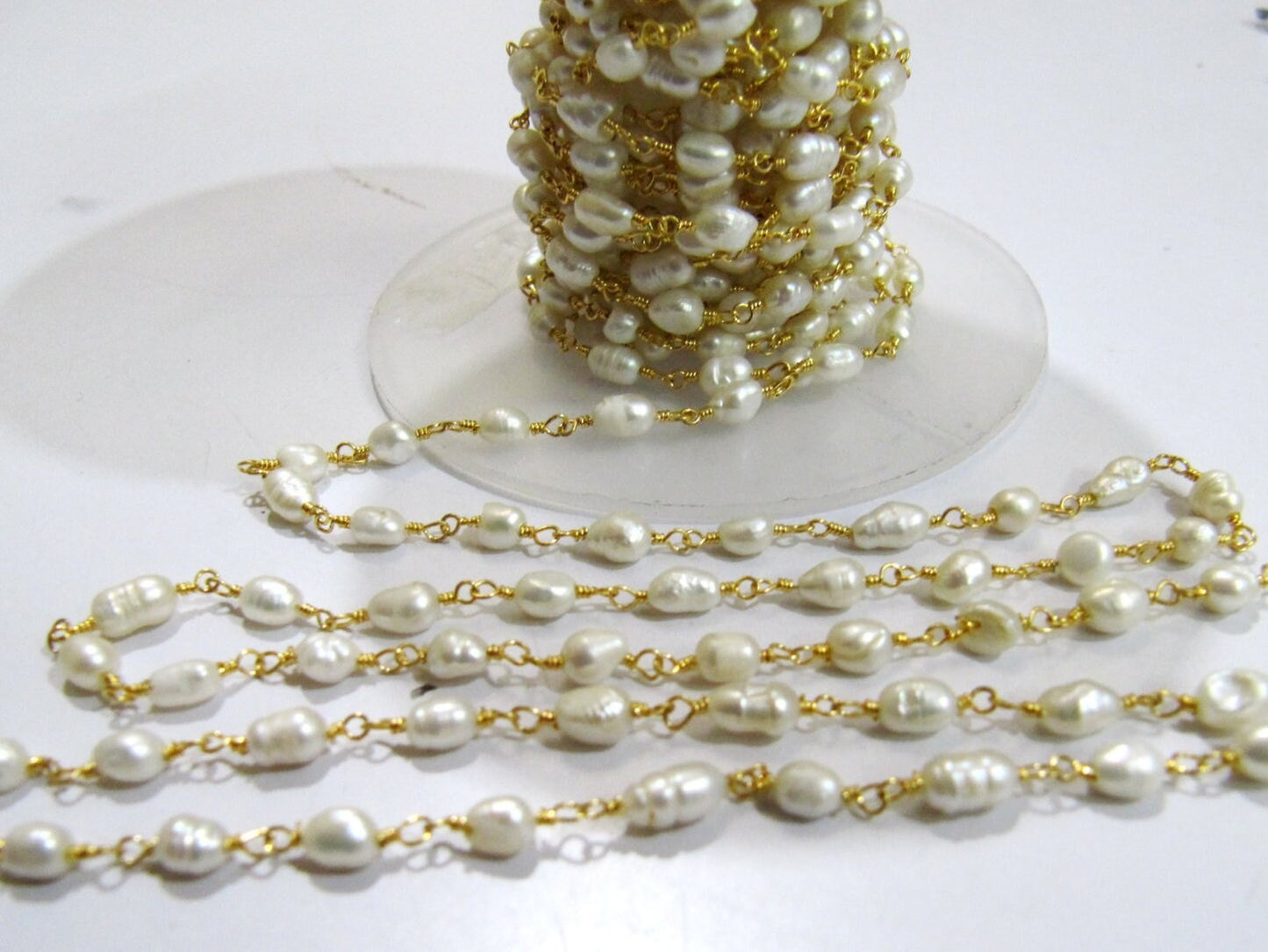 Natural Pearl Rice Shape 4-5mm Beads Rosary Chain Genuine  Pearl Handmade Wire wrapped beaded Chain Wholesale Prices Sold per Foot