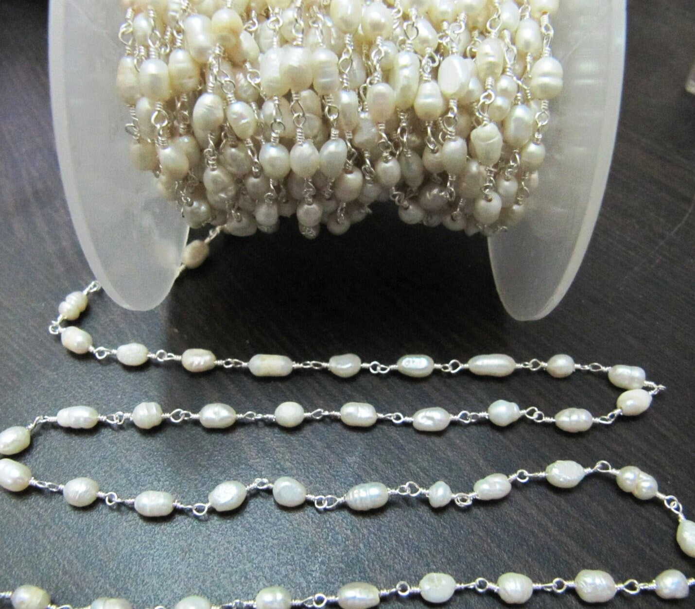 Natural Pearl Rice Shape 4-5mm Beads Rosary Chain Genuine  Pearl Handmade Wire wrapped beaded Chain Wholesale Prices Sold per Foot