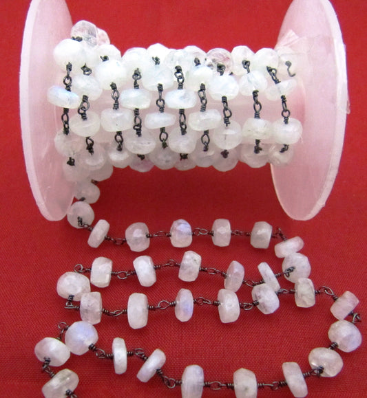 Natural White Rainbow Moonstone Rondelle Faceted Beaded Rosary Handmade Chain Sold Per foot