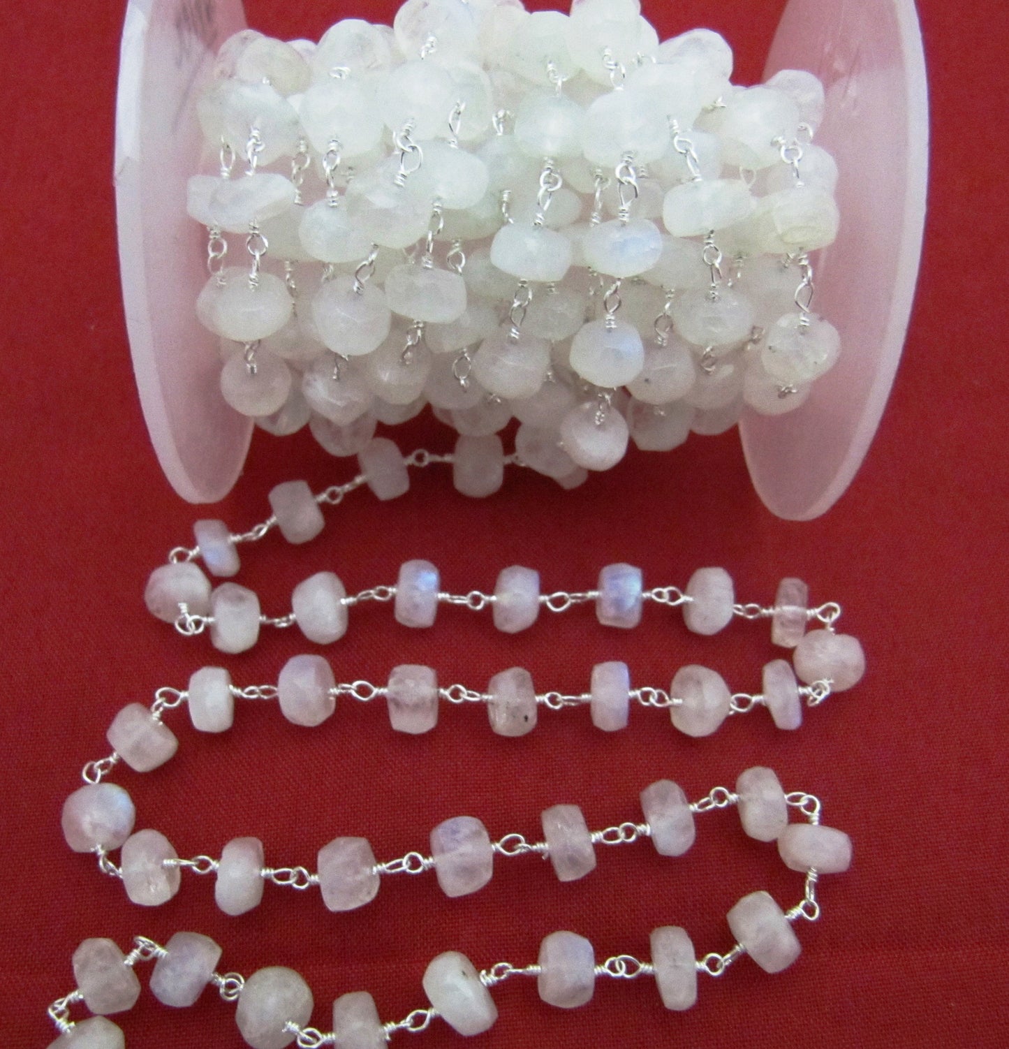 Natural White Rainbow Moonstone Rondelle Faceted Beaded Rosary Handmade Chain Sold Per foot