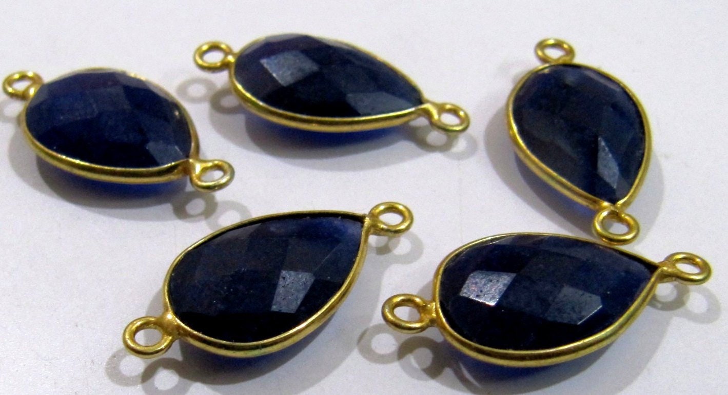 Blue Sapphire Pear Shape briolette Connectors 11x16mm charms  Stone Double Loop Bezel Jewelry pendants sold per piece