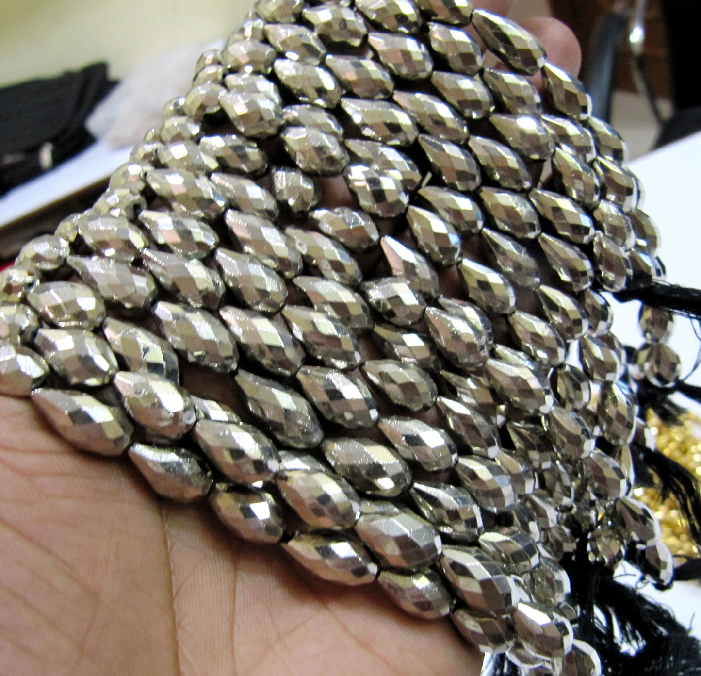 Natural Pyrite Drops size 7x12mm to 8x14mm, Steel Silver Coated Pyrite Straight Drilled Faceted Drops, Strand of 8 inch Jewelry making bead