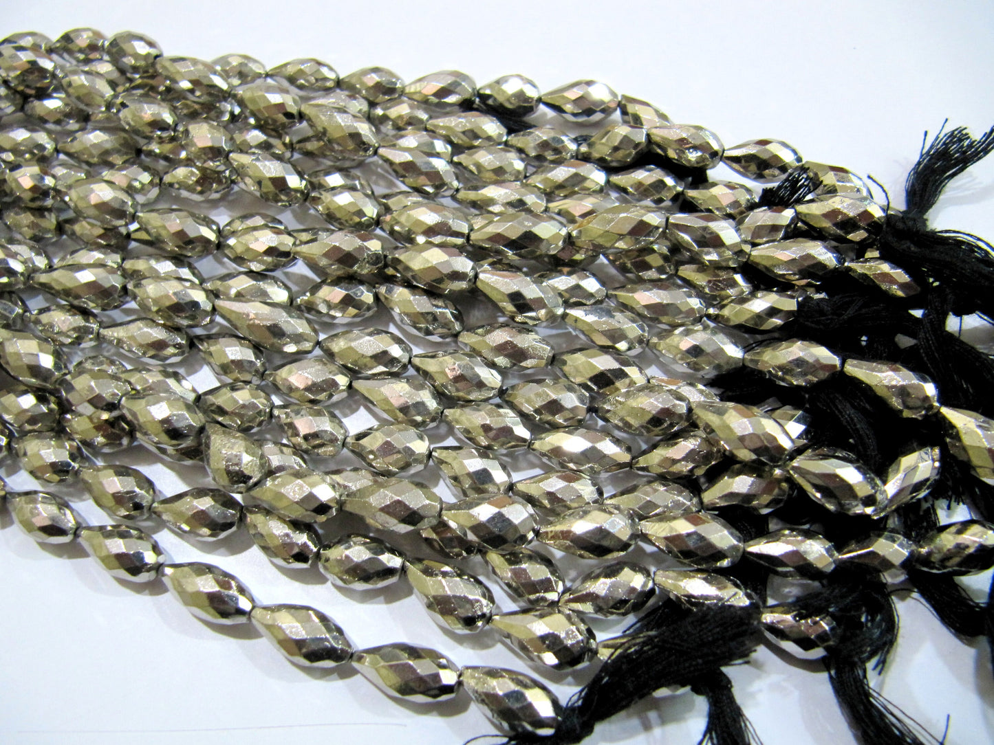 Natural Pyrite Drops size 7x12mm to 8x14mm, Steel Silver Coated Pyrite Straight Drilled Faceted Drops, Strand of 8 inch Jewelry making bead