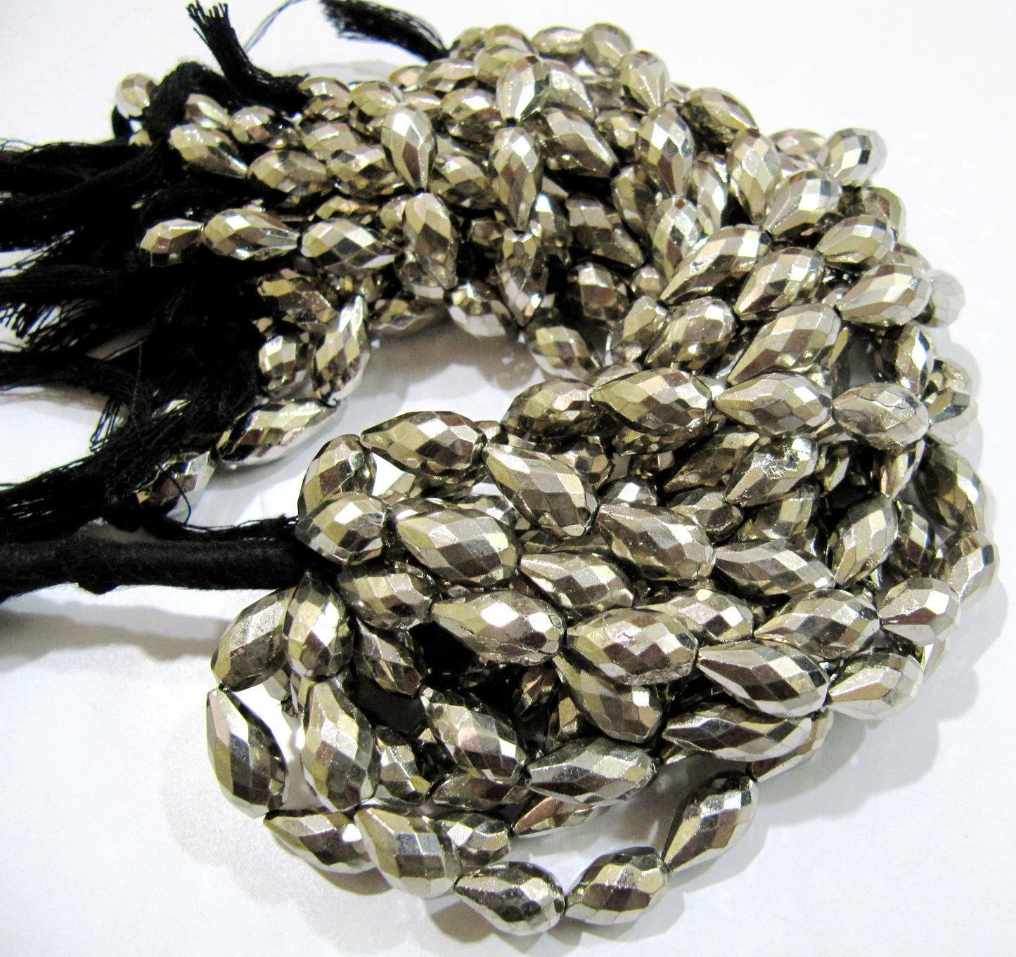 Natural Pyrite Drops size 7x12mm to 8x14mm, Steel Silver Coated Pyrite Straight Drilled Faceted Drops, Strand of 8 inch Jewelry making bead
