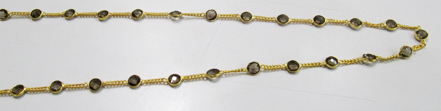 Natural Smoky Quartz Connector Chain, Genuine Smoky Quartz Briolette Coin Shape 7mm,Connectors linked with Curb chain Sold Per Foot
