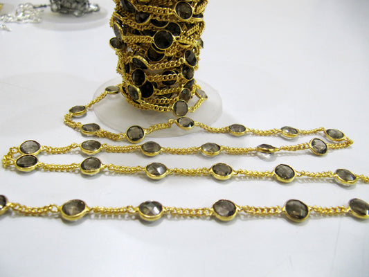 Natural Smoky Quartz Connector Chain, Genuine Smoky Quartz Briolette Coin Shape 7mm,Connectors linked with Curb chain Sold Per Foot