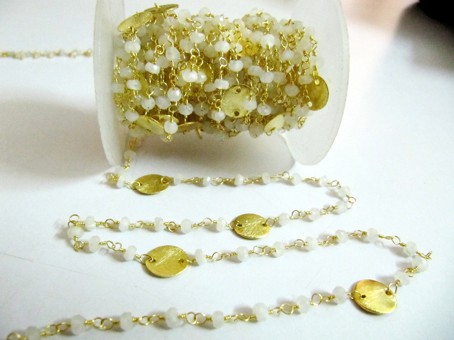 Natural Rainbow Moonstone Coin Chain 24 Kt Gold Plated, Rondelle Faceted Beads 3-4mm , Rosary Gemstone Chains Sold Per Foot