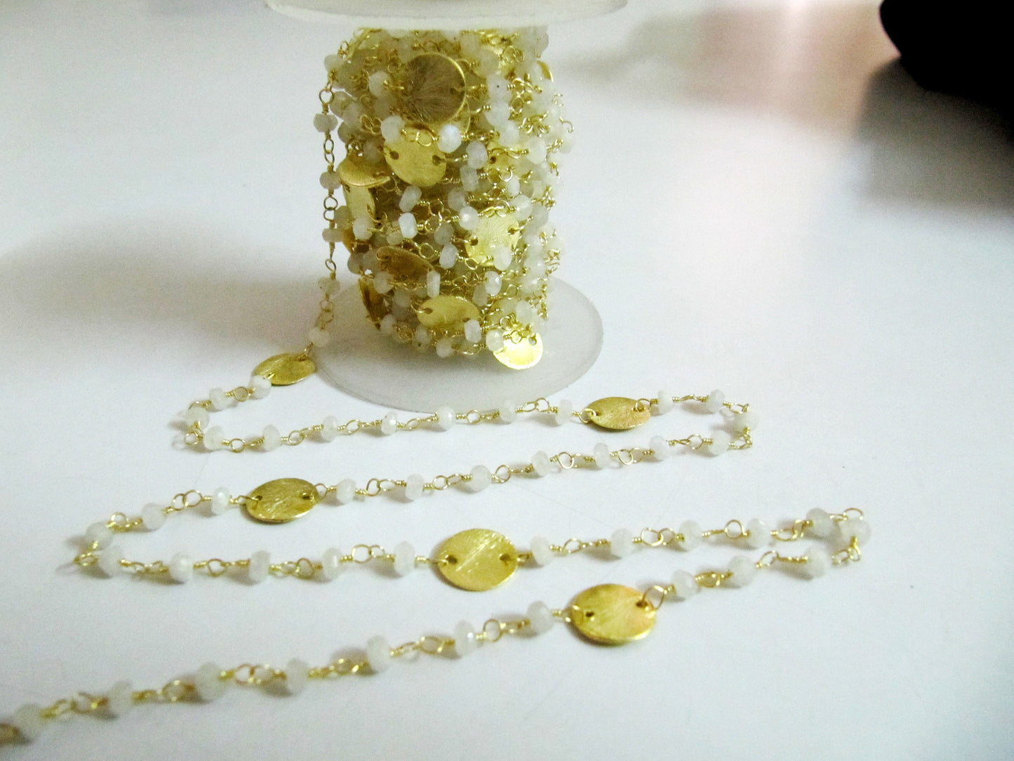 Natural Rainbow Moonstone Coin Chain 24 Kt Gold Plated, Rondelle Faceted Beads 3-4mm , Rosary Gemstone Chains Sold Per Foot
