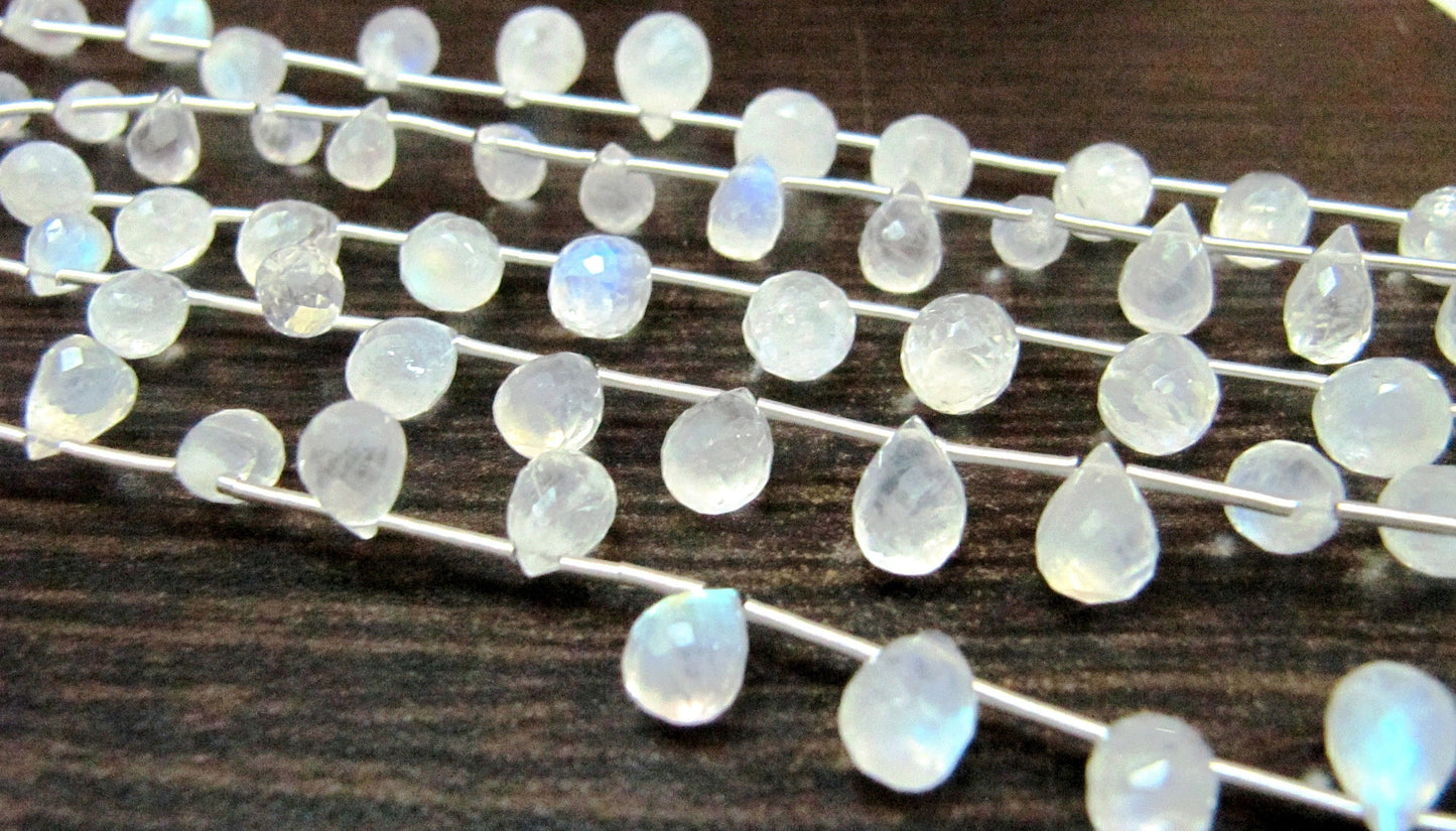 AAA Quality Genuine White Rainbow Moonstone Faceted Drop Shape Blue Flashy Moonstone Beads / Size 6x8mm to 8x10mm/ Strand 8 inch long