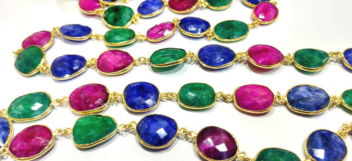Ruby Emerald Sapphire 12 to 15mm Briolette Connector Bezel Chain  Gold Plated Free shape handmade Multi color Bezel chain sold per foot