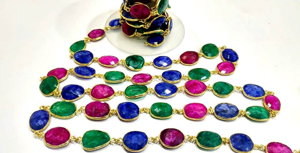 Ruby Emerald Sapphire 12 to 15mm Briolette Connector Bezel Chain  Gold Plated Free shape handmade Multi color Bezel chain sold per foot