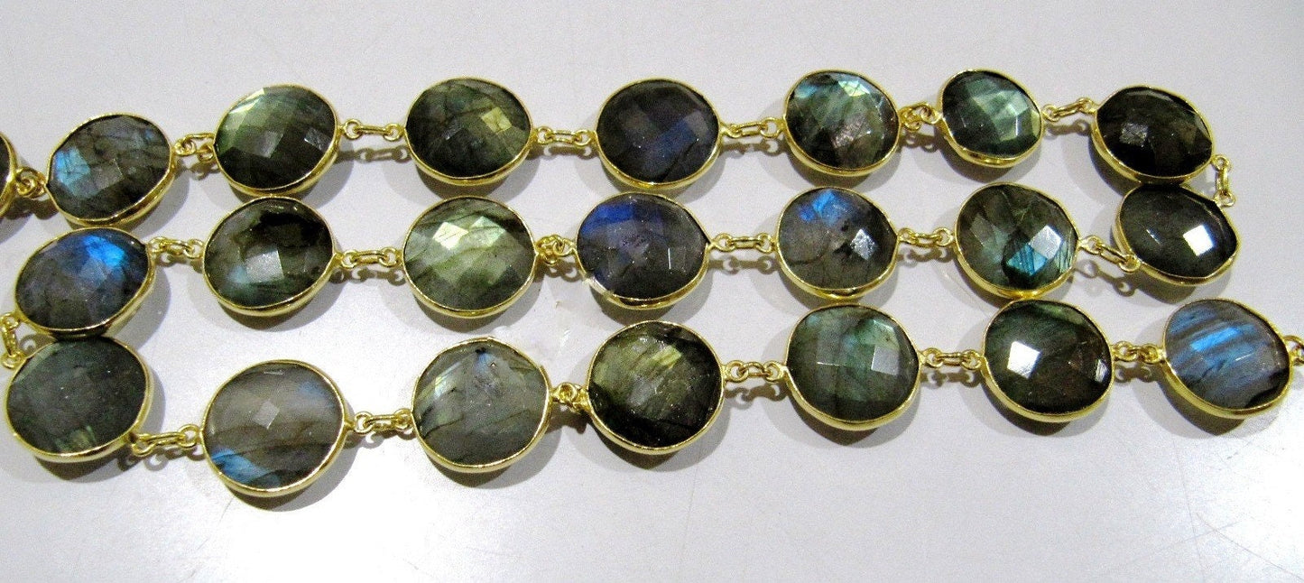 Natural Labradorite Coin Round Shape Briolette faceted Bezel Connector Chain 11mm Gold/Silver/ Black Rose Gold Plated Sold Per Foot