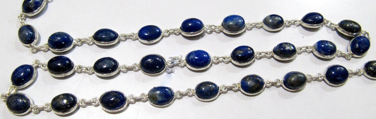 Natural Lapis Lazuli Oval Cabochon Connector Chain Lapis Plain Beads Connector Chain 7x9mm Silver Plated Gemstone Bezel Chain sold per Foot