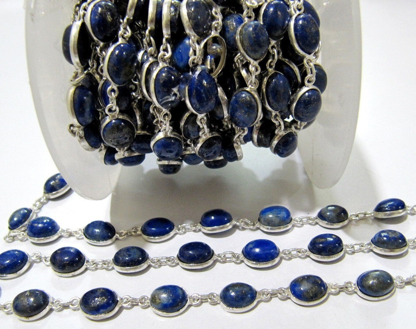 Natural Lapis Lazuli Oval Cabochon Connector Chain Lapis Plain Beads Connector Chain 7x9mm Silver Plated Gemstone Bezel Chain sold per Foot