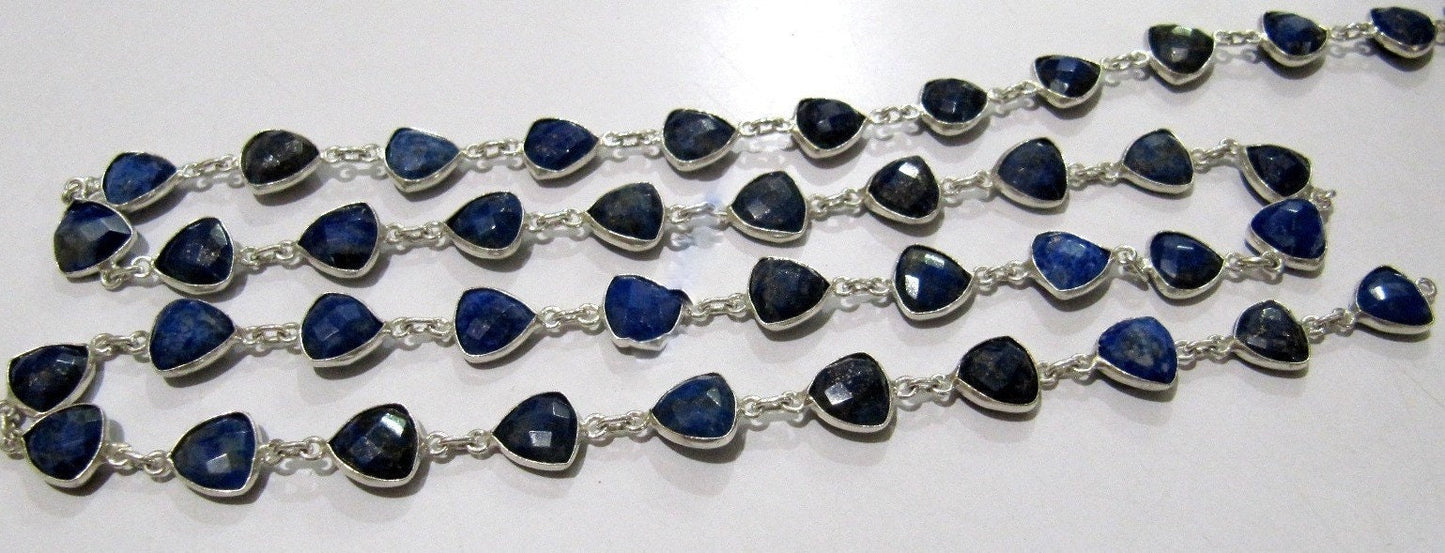 Natural Lapis Lazuli Trillian Cut Connector Chain Briolette Connector Chain 8 mm Silver Plated Gemstone Bezel Chain Sold per foot
