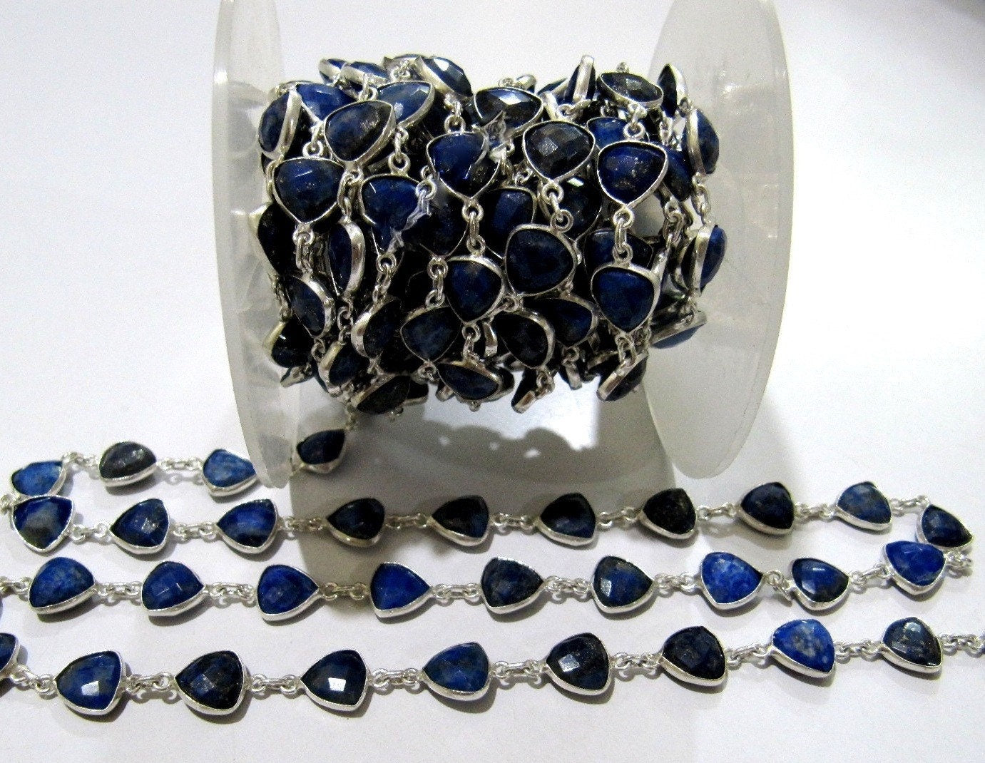 Natural Lapis Lazuli Trillian Cut Connector Chain Briolette Connector Chain 8 mm Silver Plated Gemstone Bezel Chain Sold per foot