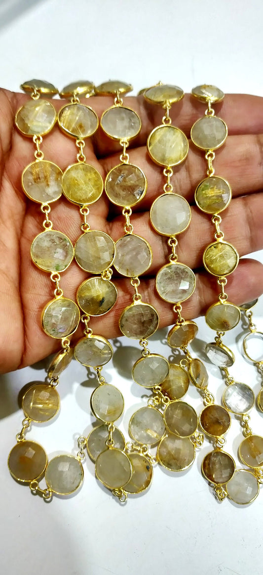 Natural Golden Rutilated Quartz Round Coin Shape Briolette Bezel Connector Chain 10 to 11mm Sold Per Foot High quality Stones Chain