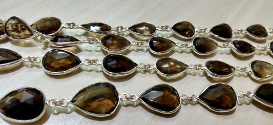 Natural Smoky Quartz Pear Shape Briolette Faceted Bezal Connector Chain 10x14mm to 12x16mm Sold Per Foot Silver Plated jewelry making Chain