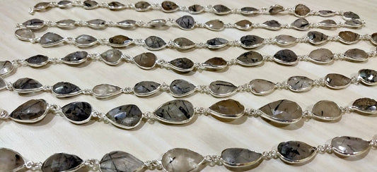 Top quality Natural Black Rutilated Quartz Pear shape 10x14mm to 15x20mm briolette bezel connector silver plated Gemstone chain