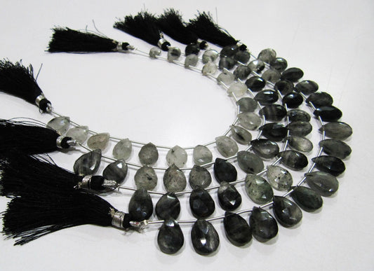 Natural Genuine Black Rutilated Quartz Pear Shape Briolette Beads, Size 10x13 to 11x16mm Black Rutile Heart Shape Beads, Strand 8Inch Long