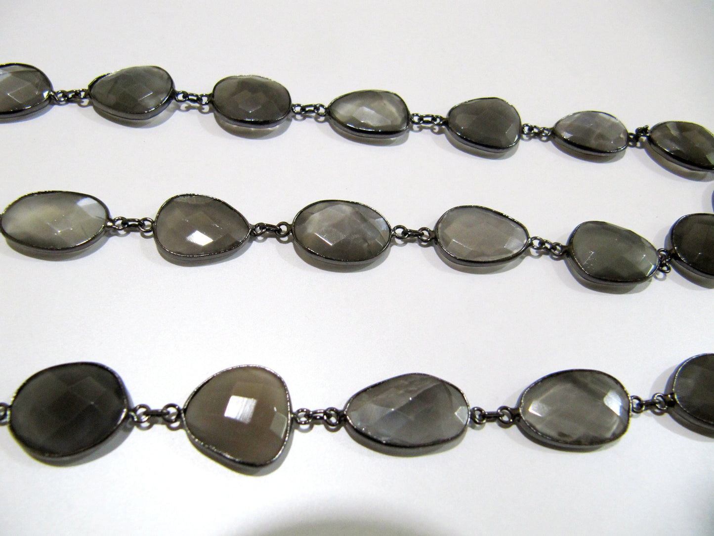 Natural Grey Moonstone Nugget shape Briolette Bezel Connector Chain Uneven Free Shape 12to15mm Gold/Silver/Black/Rose Plated Sold Per Foot